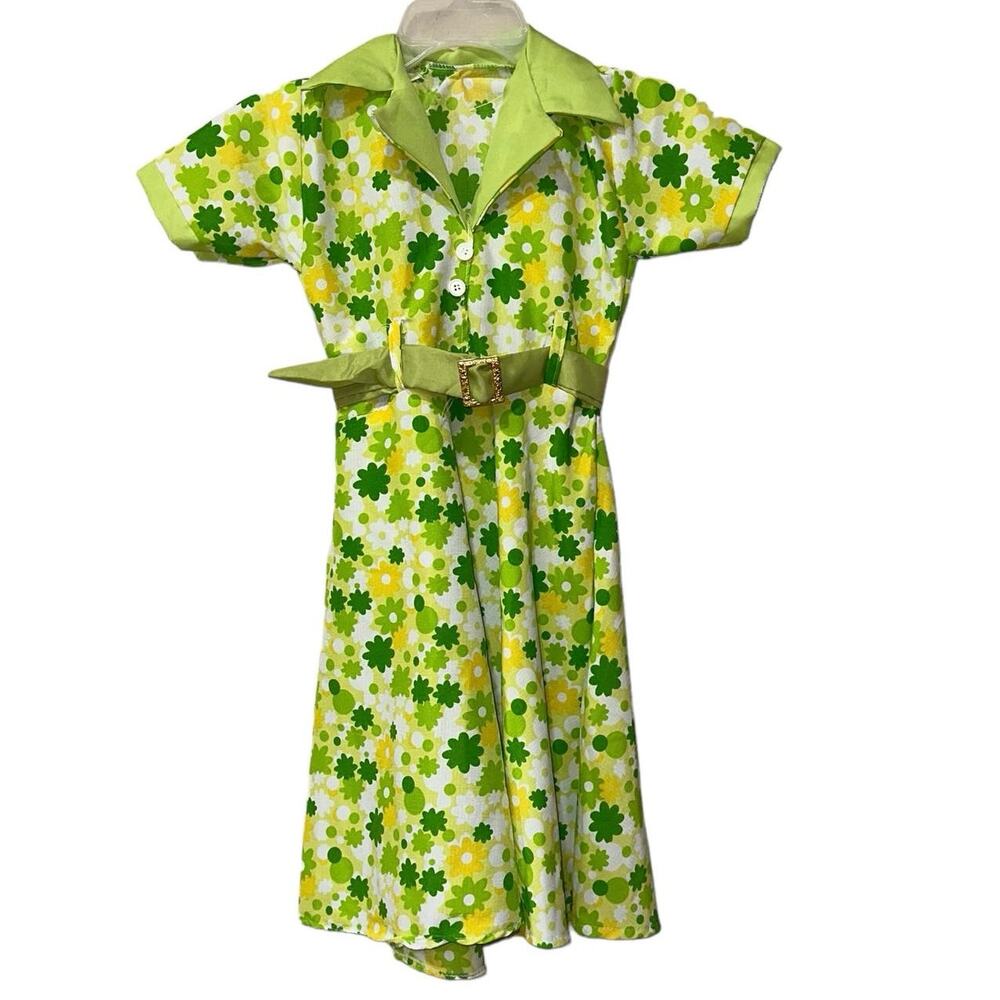Vintage Handmade Girls Mod Floral Dress Green Yellow Flower Power L/XL